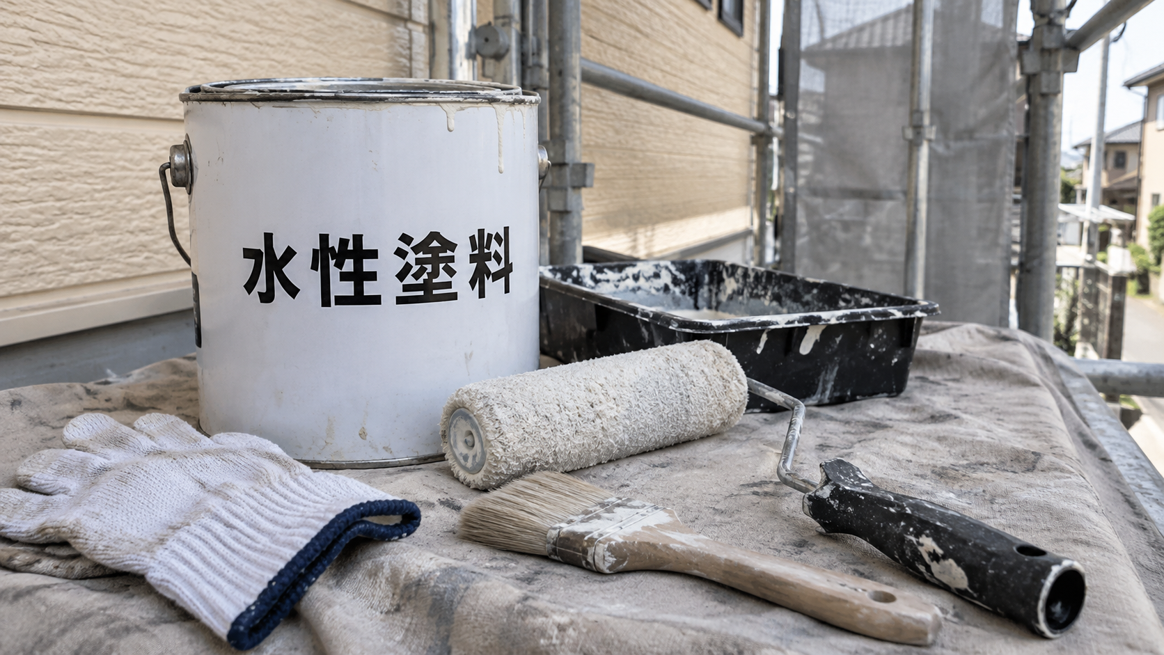 中間市・宗像市で外壁塗装に使う水性塗料と塗装道具のイメージ画像